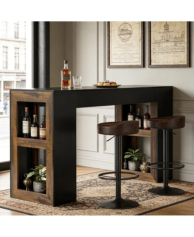 Tribesigns 63 Inch Rustic Bar Table, Counter Height Pub Table with Dual-Side Storge Shelves for Kitchen, Dining Room, Bistro