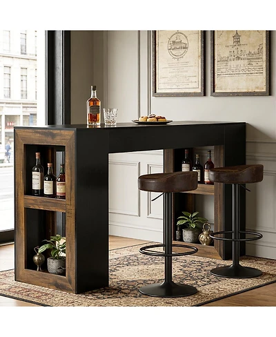 Tribesigns 63 Inch Rustic Bar Table, Counter Height Pub Table with Dual-Side Storge Shelves for Kitchen, Dining Room, Bistro