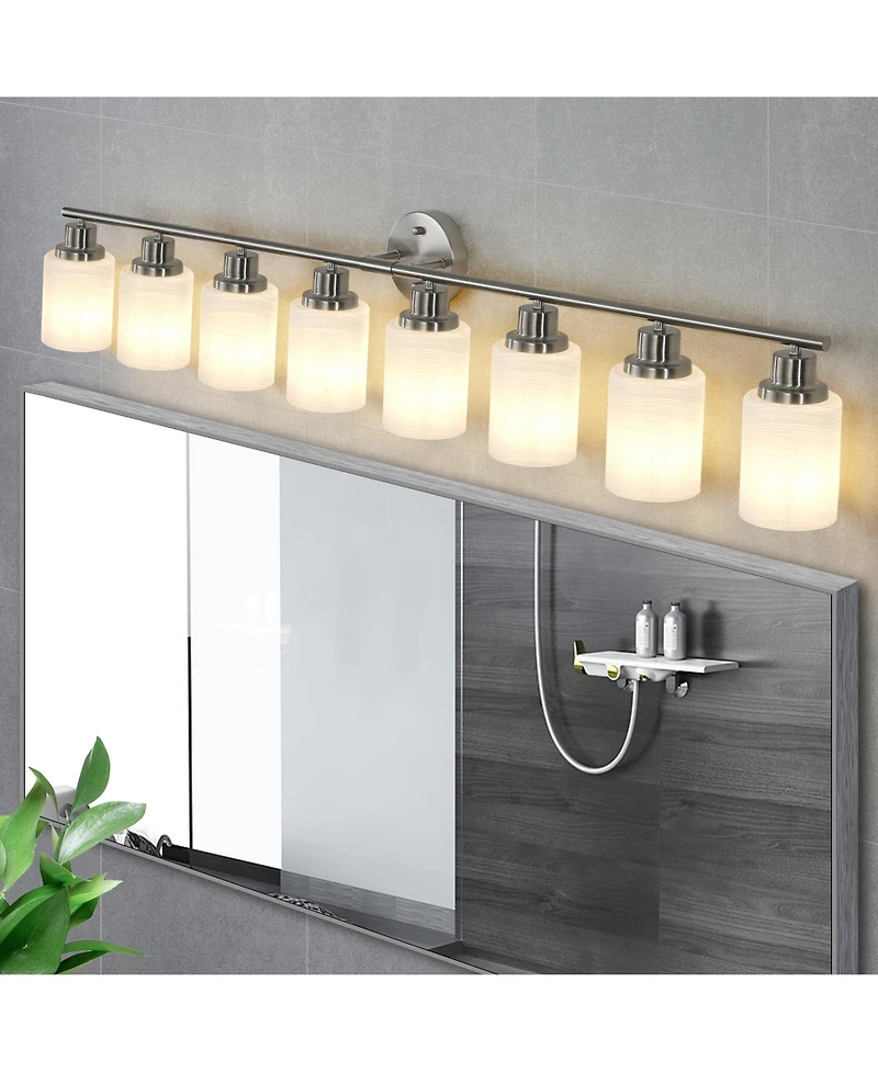 Midola 52" Modern 8-Light Vanity Wall Sconce, Brushed Nickel Finish with Frosted Glass Shades for Bathroom or Hallway Lighting