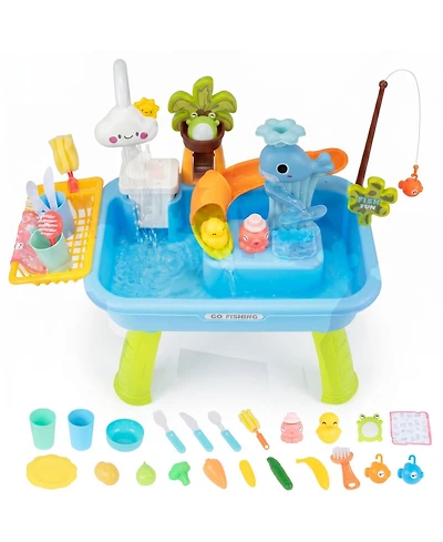 Gnuadz 4-in-1 Sand Water Table Electric Pump Outdoor Play Kitchen Sink Fishing Game