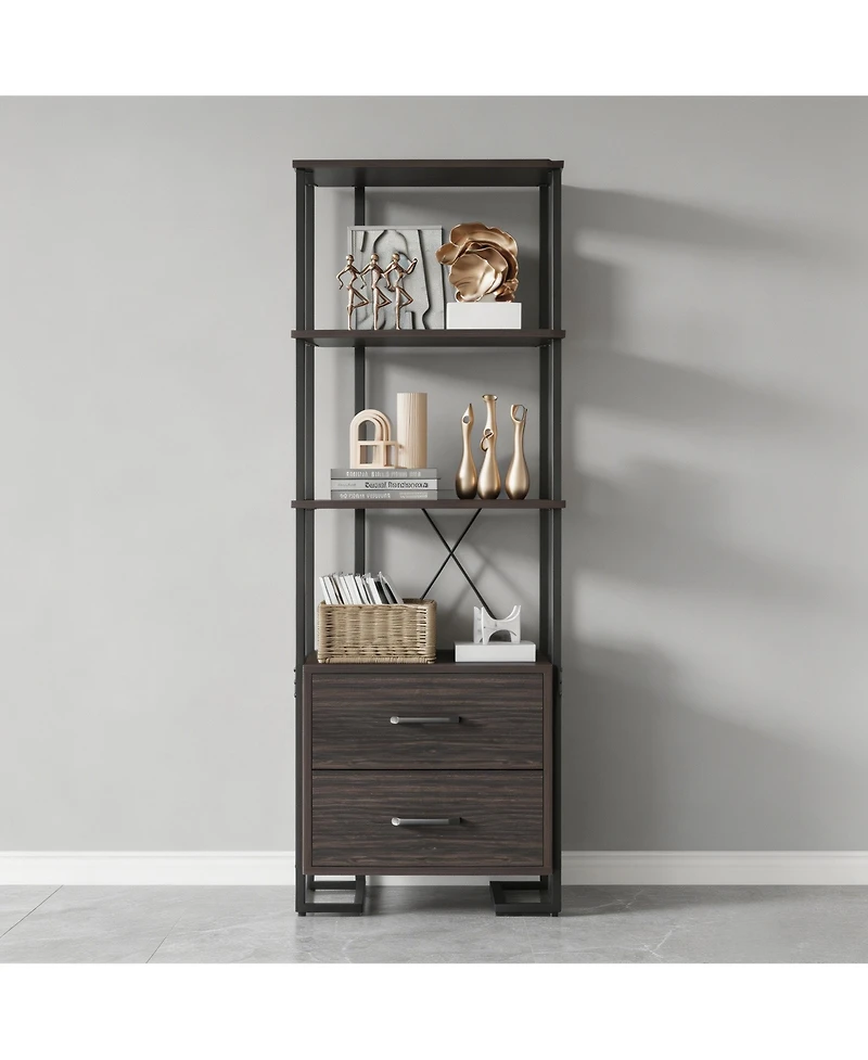 homfan Industrial Steel-Wood Storage Bookcase, Multi-Shelf Cabinet with Hidden Drawers and Anti-Tip Device, Easy Assembly Home Office Organizer