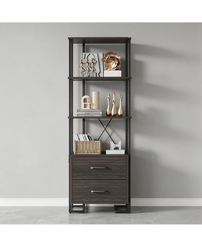 homfan Industrial Steel-Wood Storage Bookcase, Multi-Shelf Cabinet with Hidden Drawers and Anti-Tip Device, Easy Assembly Home Office Organizer