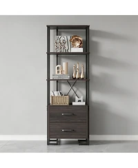 homfan Industrial Steel-Wood Storage Bookcase, Multi-Shelf Cabinet with Hidden Drawers and Anti-Tip Device, Easy Assembly Home Office Organizer
