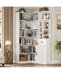 homfan 74 Inch Tall Corner 6-Tier Book Shelf with Drawer and Cabinets, l-Shaped Bookcase Open Storage Shelves Modern Display Shelf for Home, Office