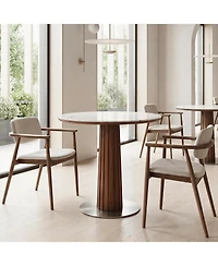 Tribesigns Round Dining Table, Solid Wood Dinner Table with Thickened Top and Steel Pedestal, Mid Century Modern Bistro Table