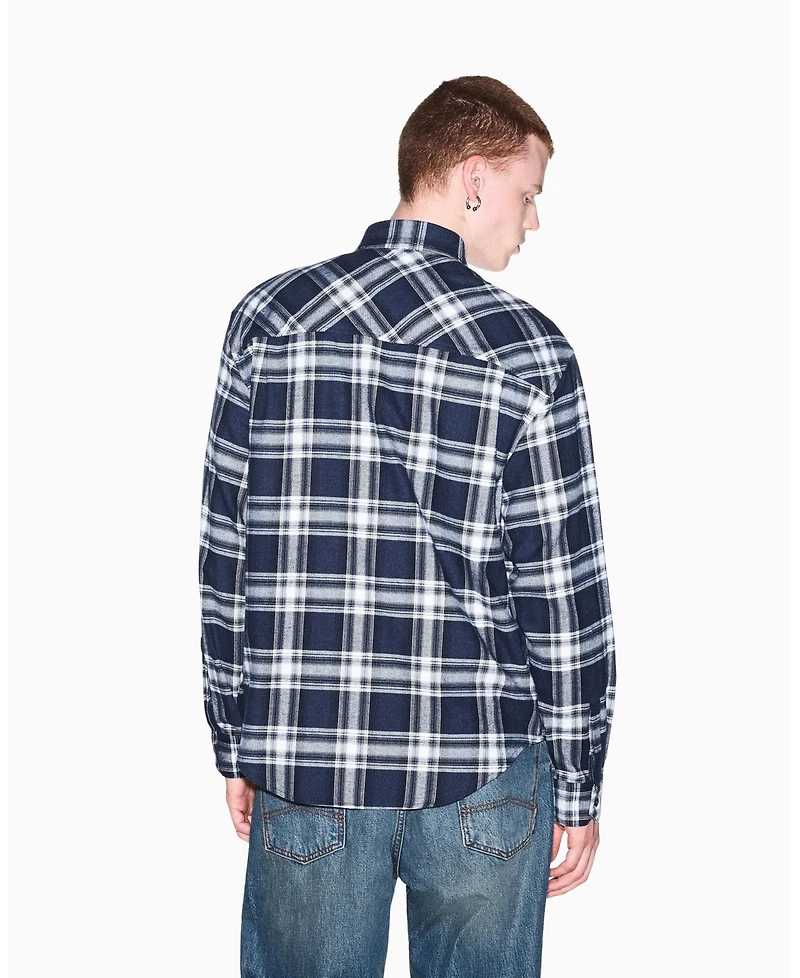 A|X Armani Exchange Men's Crossover Plaid Cotton Shirt with Back Graphic