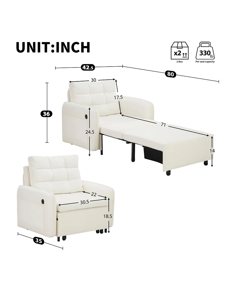 Rainsken Chenille Single Sofa Bed, 80" Extra Long Pull Out Sleeping Lounge with Usb Charging, Storage Pockets and Box for Living Room