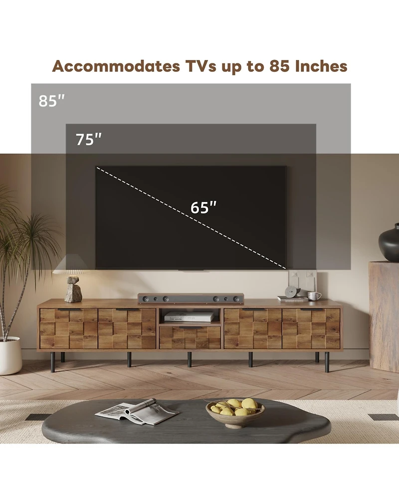 Rainsken 78" Modern Tv Stand, for TVs Up to 85", with Checkered Cabinet Doors, Storage Drawers and Open Shelves, for Living room, Bedroom