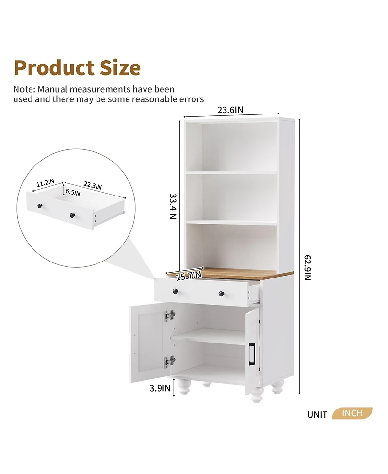 Rainsken Floor Standing Bookshelf, Wood Display Bookcase, Modern Storage Cabinet with 4 Wood Gourd-Shaped Legs and Drawer for Living Room, Study Room