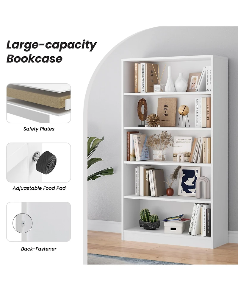 Rainsken 5 Shelf Modern Wood Bookshelf, 60 Inch Tall Display Bookcase with Adjustable Shelf, Book Storage Organizer for Home Office, Study Room