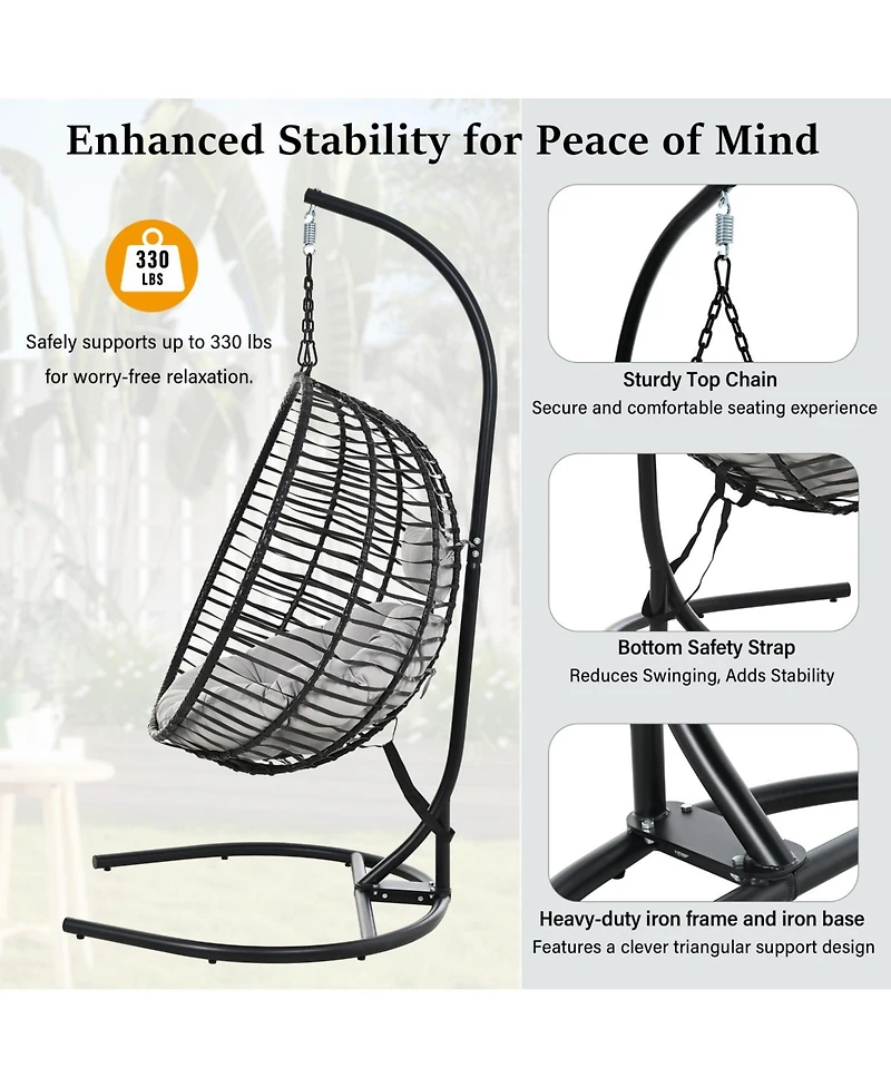 Rainsken Hanging Egg Chair with Cushion, Indoor Outdoor, Patio Wicker Hammock Chair, 350lbs Capacity, Metal Frame, for Patio Balcony Backyard