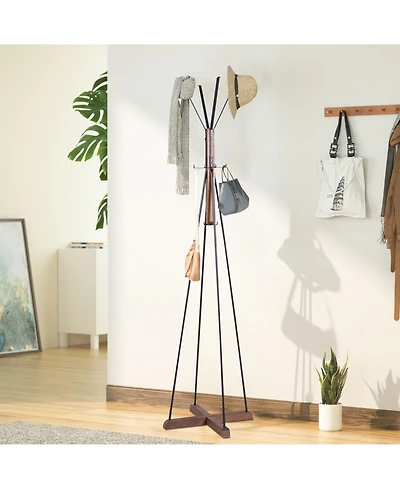 Rainsken Freestanding Coat Rack, Wood & Metal Coat Hanger Stand with Hooks, Multifunctional Home Furniture for Bedroom and Living Room