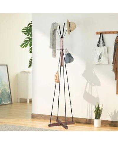 Rainsken Freestanding Coat Rack Wood Metal Coat Hanger Stand With Hooks Multifunctional Home Furniture For Bedroom Living Room