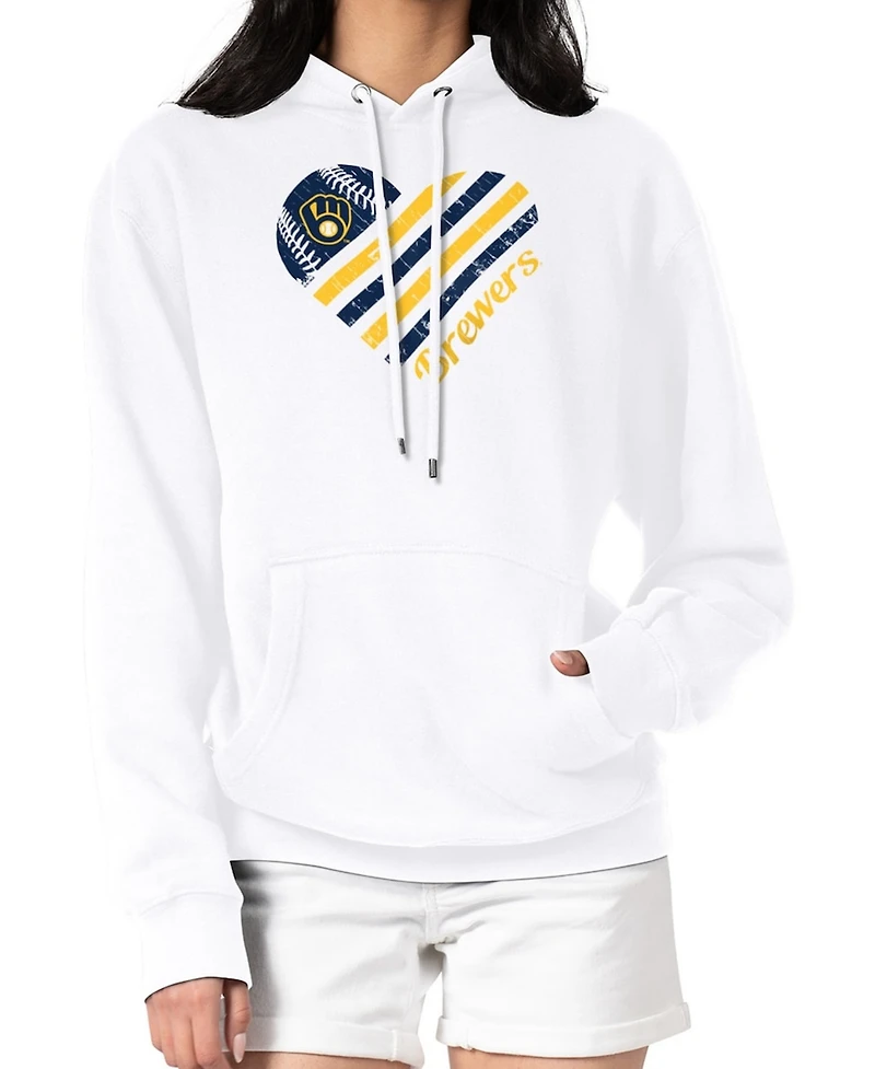 G-iii 4Her by Carl Banks Women's White Milwaukee Brewers Heart Fleece Pullover Hoodie
