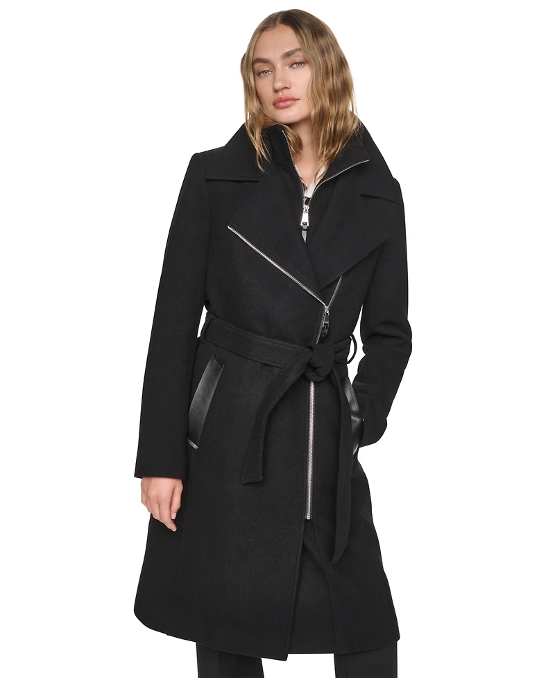 Dkny Women's Faux-Leather Trimmed Assymetrical Wrap Coat