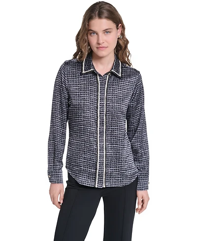 Karl Lagerfeld Paris Petite Print Tweed Trim Top