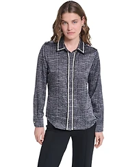 Karl Lagerfeld Paris Petite Print Tweed Trim Top