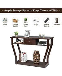Gouun Slim Sofa Console Accent Table with Drawer and Tiered Shelves