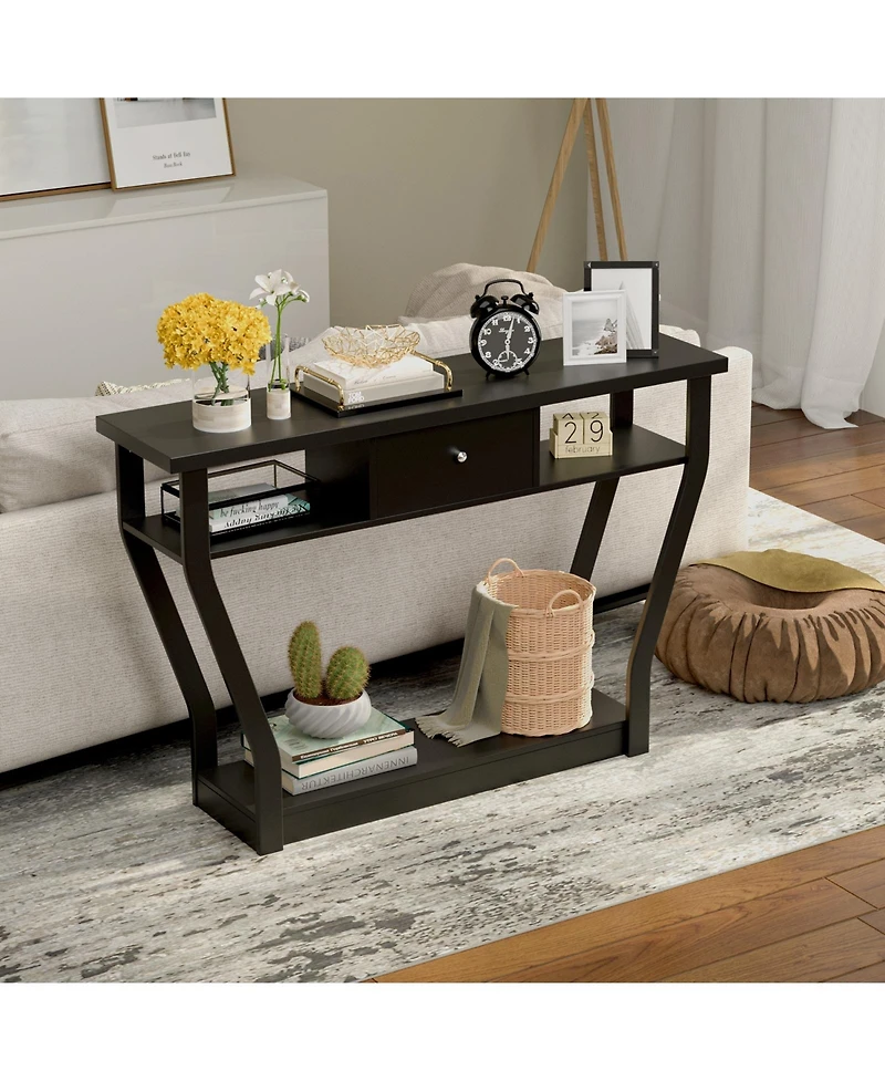 Gouun Curved Frame Modern Console Table with Storage Drawer and Three-Tier Shelf