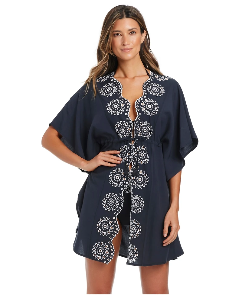 Bleu by Rod Beattie Women's Eyelet Open-Front Swim Cover Up Caftan