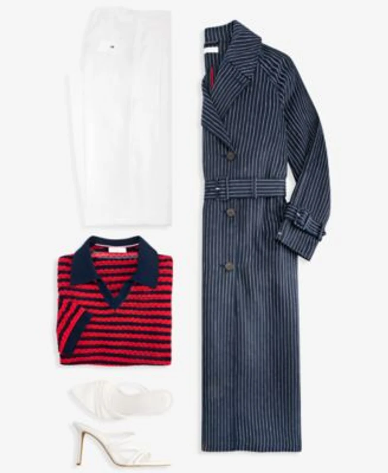 Tommy Hilfiger Womens Nautical Stripe Trench Coat Pointelle Collar V Neck Sweater Cotton Wide Leg Pants