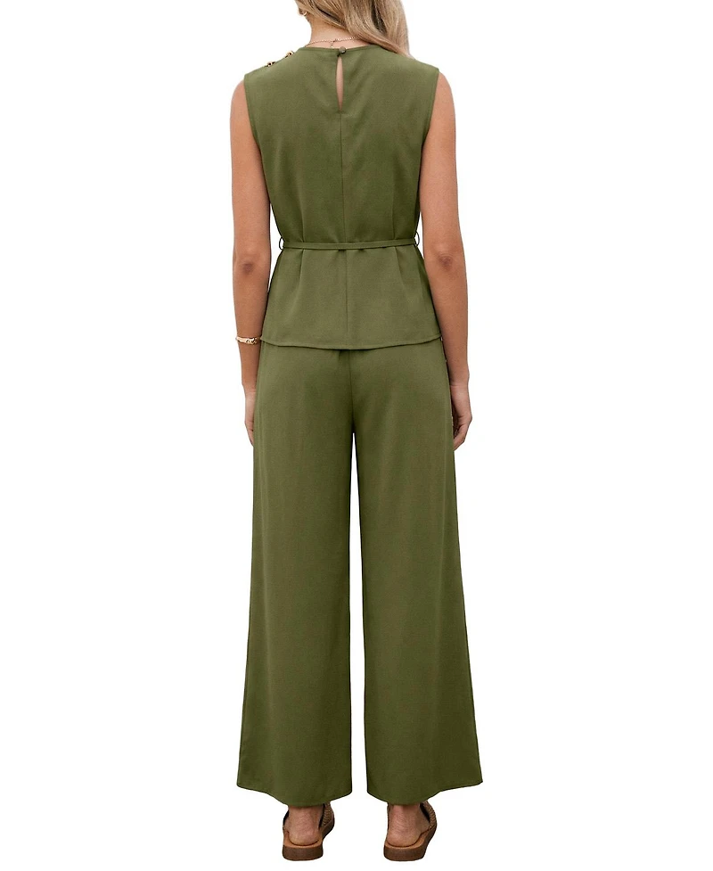Cupshe Women's Elegant Crew Neck Belted Top and Wide Leg Pants Two-Piece Set
