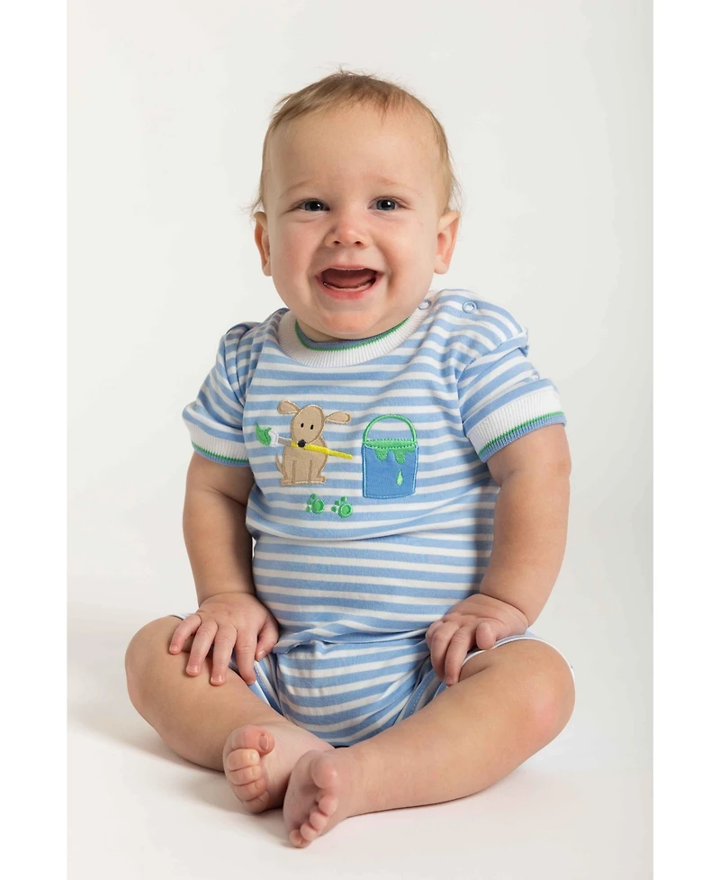 Florence Eiseman Baby Boy Stripe Knit Shortall With Painting Dog
