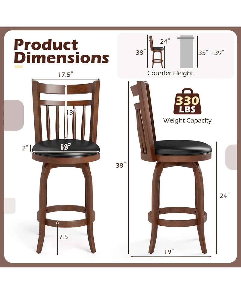 Slickblue Set of 2 Faux Leather Swivel Bar Stools for Counter Height Seating