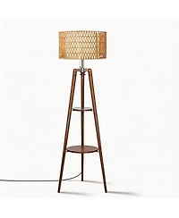 Modern Tripod Floor Lamp with Rattan Shade and Dual Shelves
