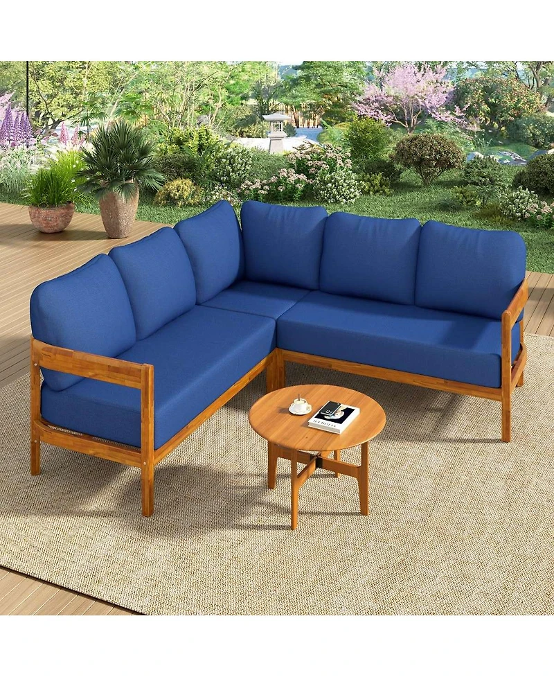 Asagikoiai Outdoor Patio Sectional Sofa, Solid Wood L-Shaped Conversation Set with Cushions-Asagikoiai