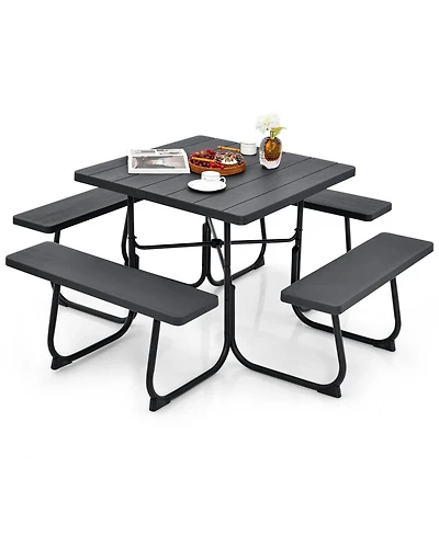 Gymax Outdoor Picnic Table 8-person Square Bench Set with 4 Benches and Umbrella Hole