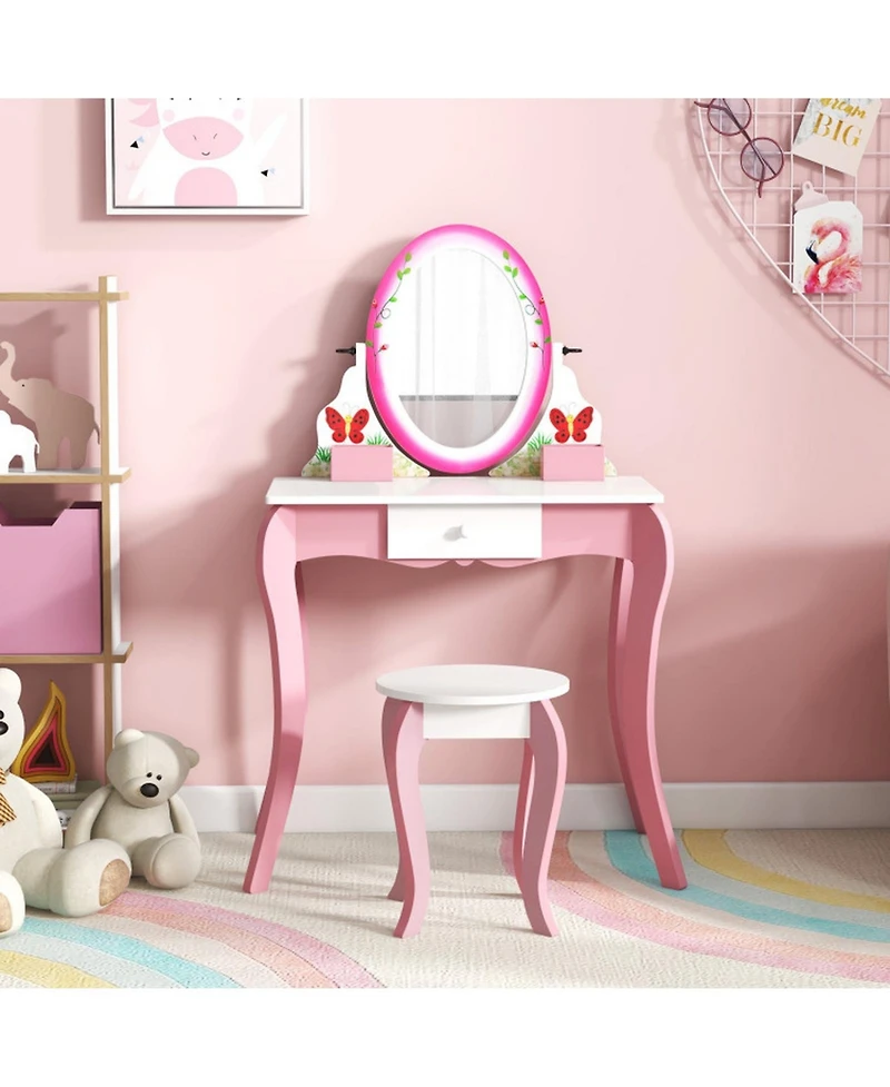 Gouun Kids Vanity Table and Stool Set with Rotating Mirror