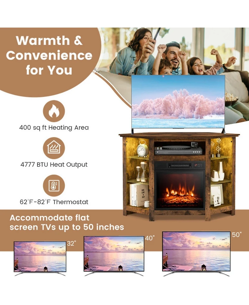 Gouun Fireplace Corner Tv Stand 50in Led Lights App Control Electric