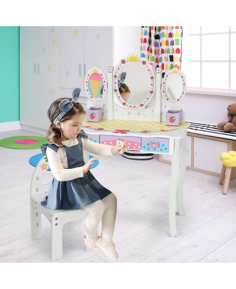 Gouun Kids Vanity Dressing Table and Chair Set with Tri-Fold Mirror