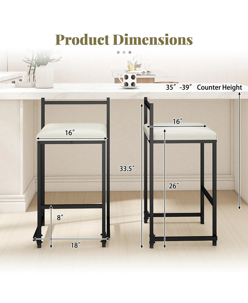 Slickblue Set of 2 Counter Height Bar Stools Pu Leather Upholstered with Footrest