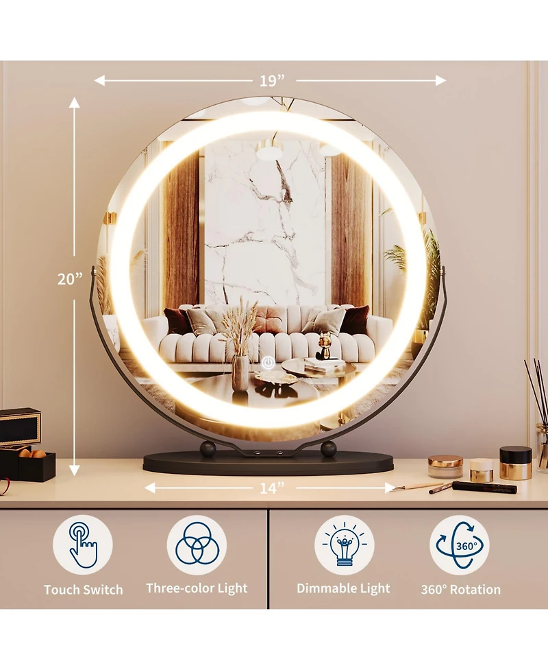 homfan Modern Led Vanity Mirror – 3-Color Dimmable Lighting, Smart Touch Control, Aluminum Alloy Frame, Tabletop