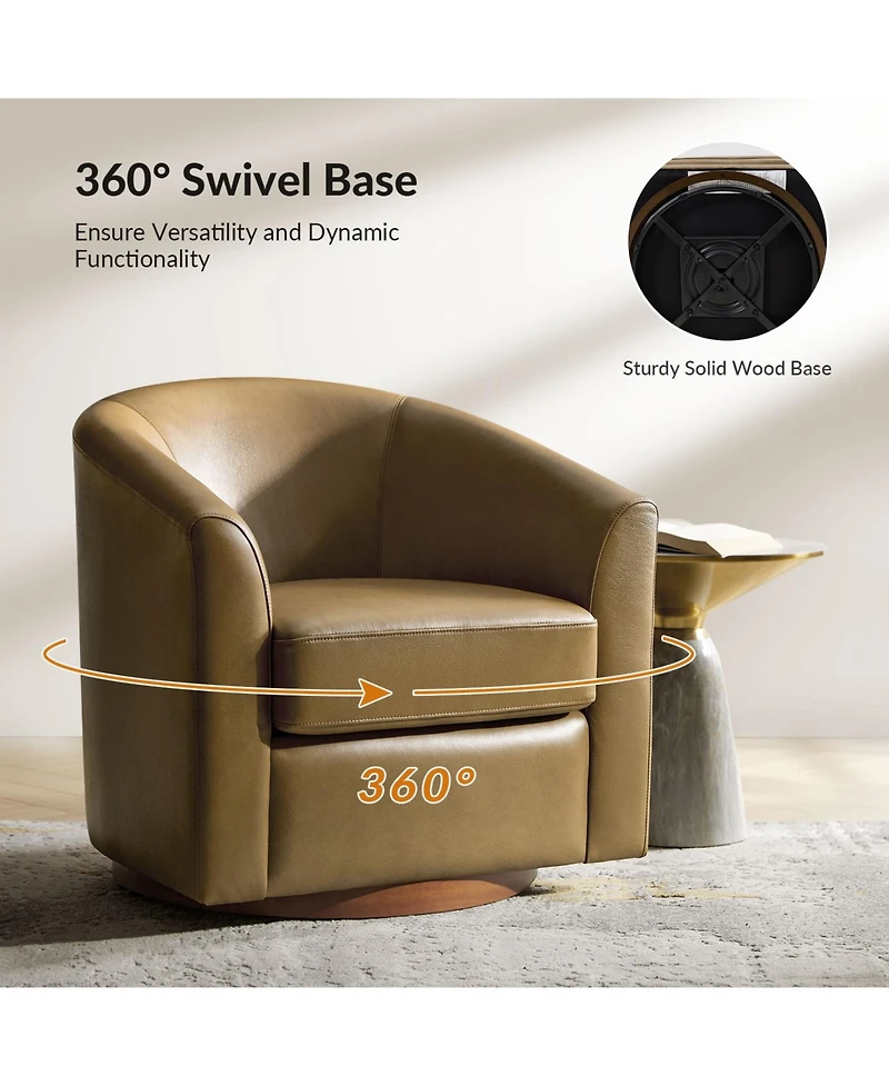 Hulala Home Amiir 30.5'' Wide Genuine Leather Swivel Barrel Chair with Solid Wood Base