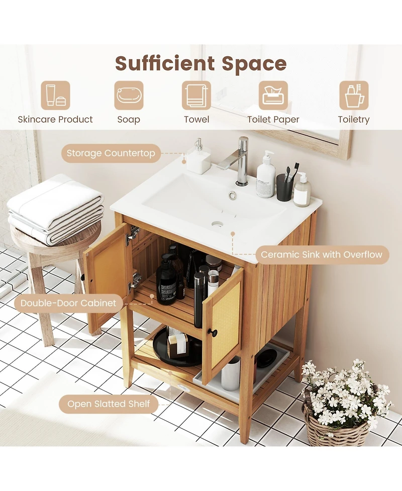 Volenca Bathroom Vanity with Ceramic Sink, Rattan Doors, and Slatted Shelf