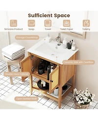 Volenca Bathroom Vanity with Ceramic Sink, Rattan Doors, and Slatted Shelf