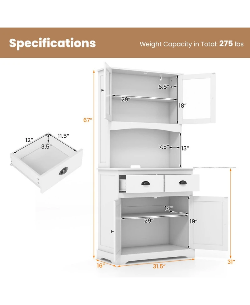 Gouun Tall Sideboard Storage Cabinet with 2 Drawers and Glass Doors