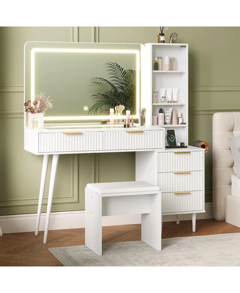 homfan Modern Makeup Vanity Desk Set with Adjustable Led Mirror - 5 Drawers, 3 Shelves, Glass Top, Charging Station, Bedroom Dressing Table