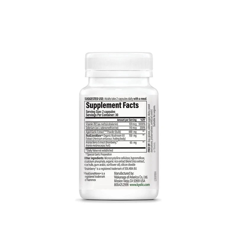 Kyolic Smart Mushrooms Supplement Lion's Mane and Aged Garlic Extract for Brain Health and Mental Performance 60 Capsules