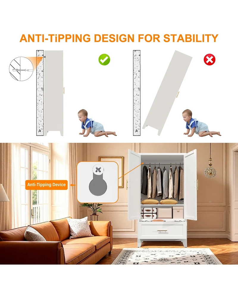 60" Tall Metal Storage Cabinet with 1 Drawer and Hanging Rod Wardrobe 2 Doors Wardrobe Closet with Shelf