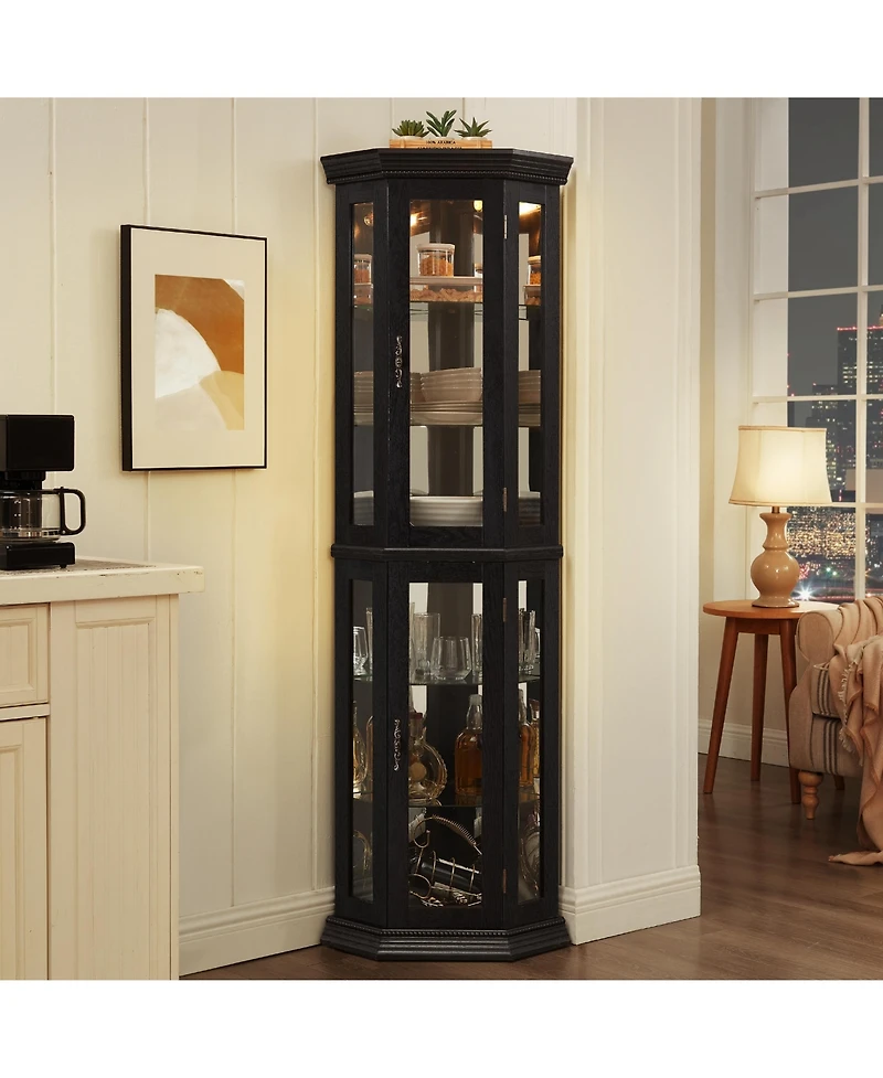 sumyeg Corner Glass Curio Cabinet Led Lit Display with Adjustable Tempered Shelves