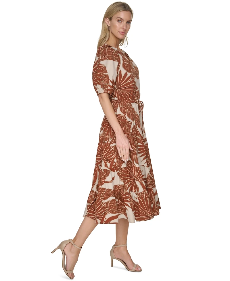 Calvin Klein Women's Puff-Sleeve Floral Tiered Midi Dress