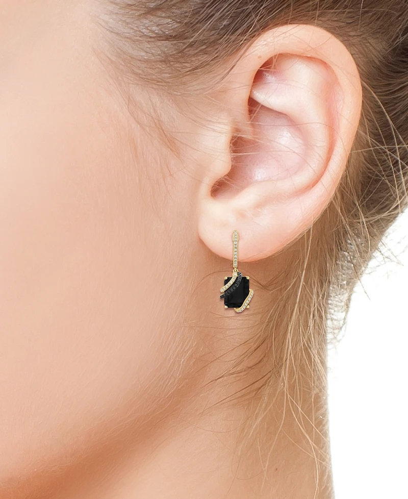 Effy Collection Onyx, White Diamond (1/4 ct. t.w.) & Black Diamond (1/10 ct. t.w.) Earrings in 14k Yellow Gold