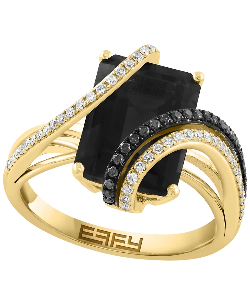 Effy Collection Onyx, White Diamond (1/5 ct. t.w.) & Black Diamond (1/10 ct. t.w.) Ring in 14k Yellow Gold
