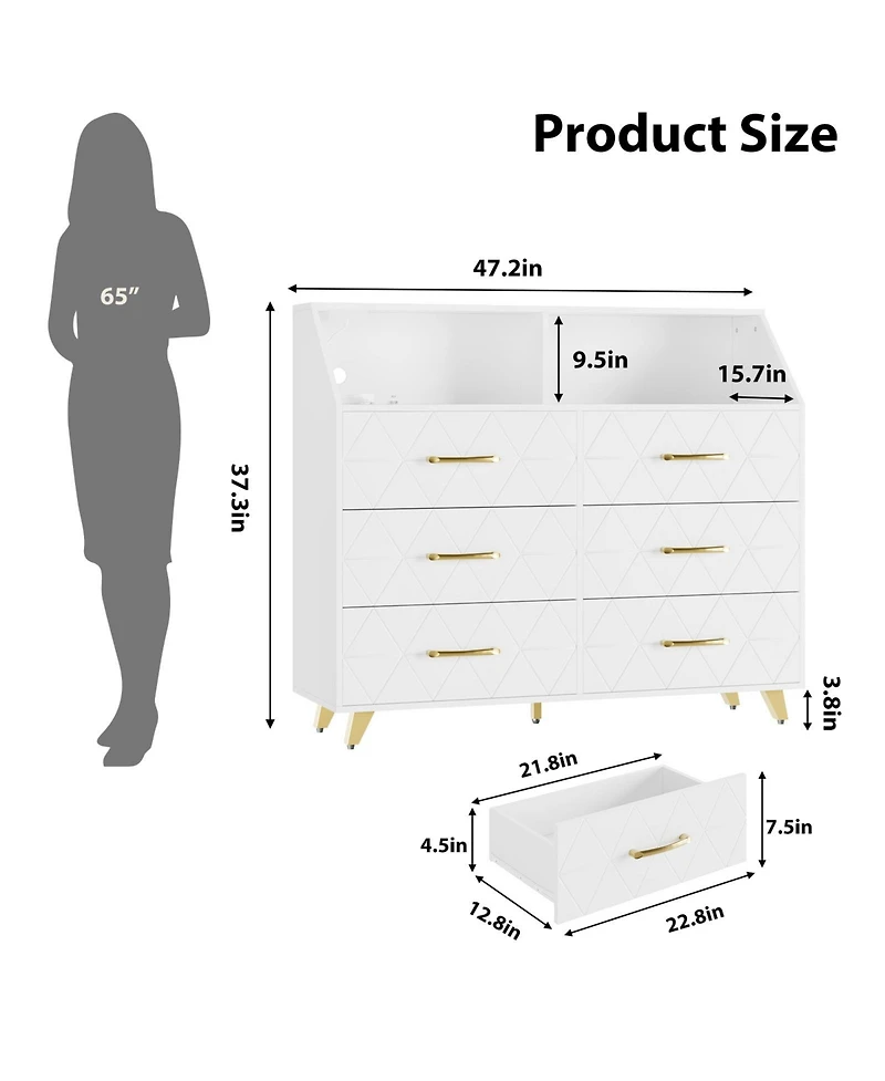 homfan 6-Drawer Dresser with Charging Station and Led Lights,Engineered Wood Storage Chest with Gold Metal Legs,Anti-Tip Multi-Functional Home Cabinet