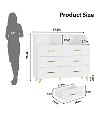 homfan 6-Drawer Dresser with Charging Station and Led Lights,Engineered Wood Storage Chest with Gold Metal Legs,Anti-Tip Multi-Functional Home Cabinet