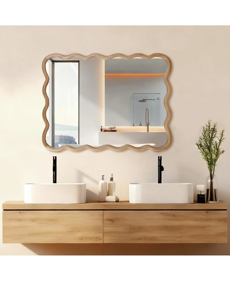 Laoties 30" x 40" Wavy Wall Mirror, Solid Wood Bathroom Vanity Mirror for Bedroom, Entryway and Living Room